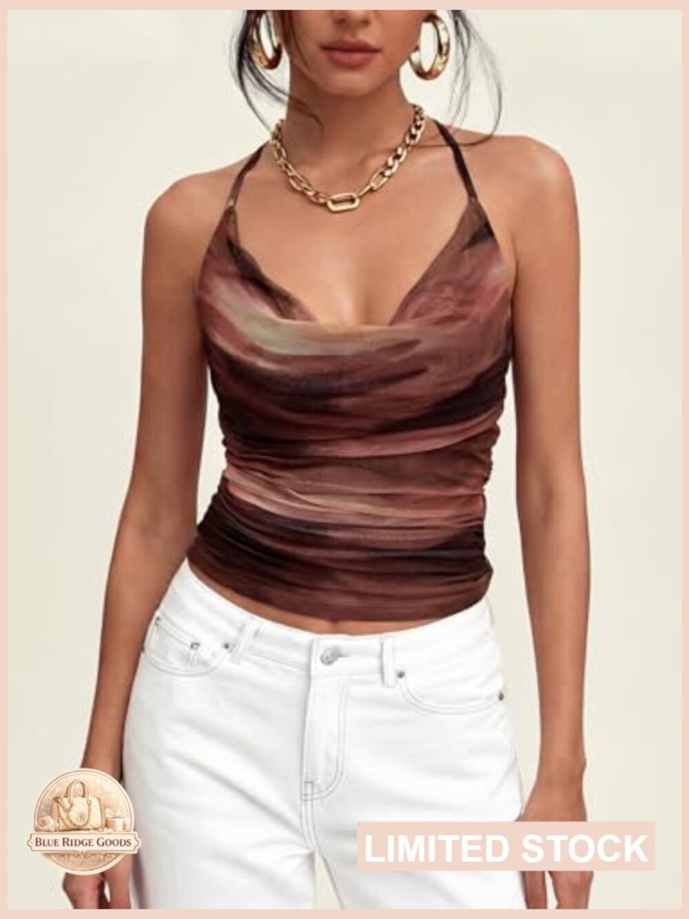 Sleeveless Cowl Neck Halter Top Floral Boho Mesh Backless Y2K Going Out Cute - Picture 2 of 7